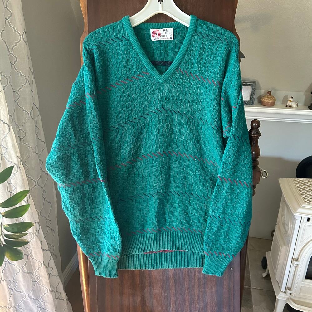 Vintage Isle of Cotton brand emerald green V-neck sweater checkers knit stripe L